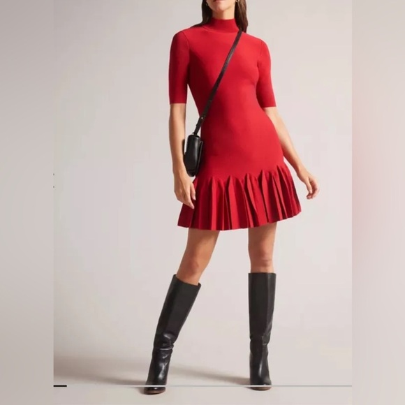 Ted Baker Dresses & Skirts - Ted Baker London Canddy Pleat Hem Full Milano Knit Sweater Dress in Red Size 2
